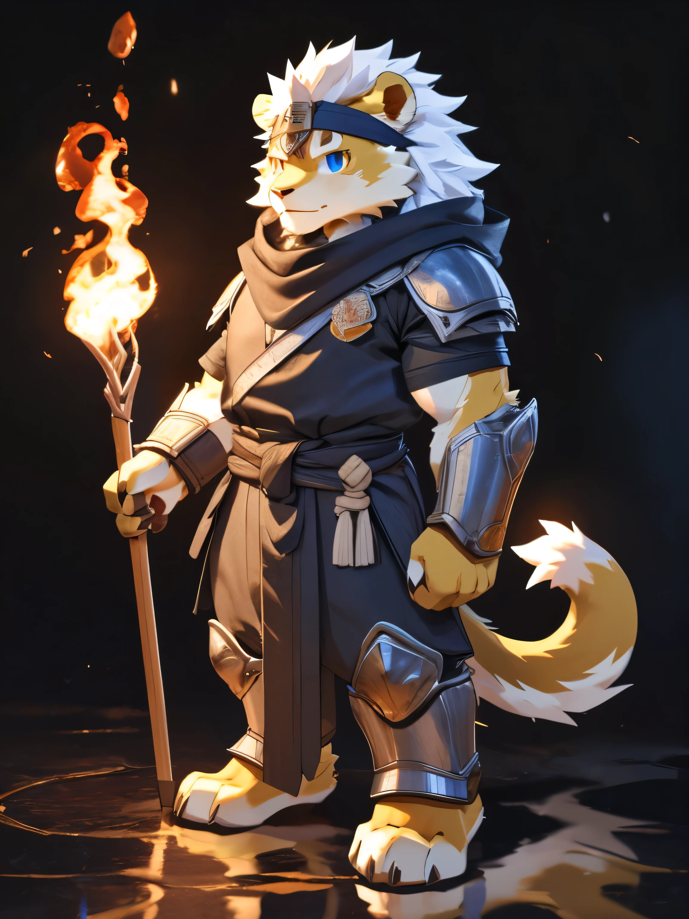 nj5furry，kemono，full-length portrait，anthro，hi res，male，White hair，lion，warrior，Headband，Metal Armor，strong，White furry paws，Fluffy hair，Plush tail，A tail，Delicate eyes，Detailed eyes