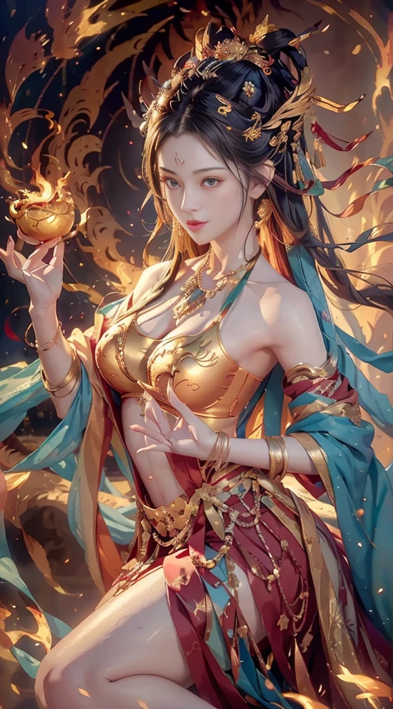 (Fullbody shot:1.1),(RAW photo, Best quality), (Realistic, photo-realistic:1.3), Highly detailed, Ultra-detailed, Small bra B cups，1girll, beautiful face, high detailed face, smile, Dancing, Flame in her hand, Phoenix flame bird in background, Dynamic Angle, world mastery theater, Messy_Long_Hair, extremely detailed CG unity 8k wallpaper, ink, astounding, lenlare, dunhuang_Style, (big breasts beautiful+fanciful), (8k wallpaper:1.2+8k wallpaper:1.1), (art-style+art work) Perfect facial features, Super realistic, illustration, surrealism, cubismo, Best quality, Masterpiece, Best quality, High details, (2-legs,2-hand,5-finger in each hand)