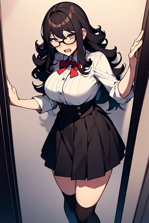 Young man, open mouth broad shoulders, crossdressing, wig long blone curly,  fake breasts, shirt, skirt, knee socks, threaten, suprised, scared, shy, modest, looking up. wearing glasses. 