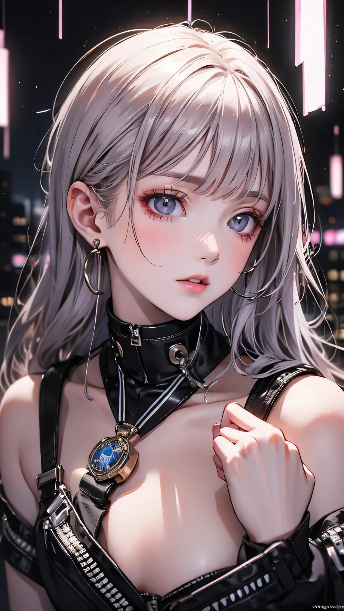 (One person:1.3), alone, __Body parts__ Delicate and realistic skin, Pale skin, big, Official Art, Unified 16k wallpapers, Super detailed, beauty and aesthetics, beauty, masterpiece, Highest quality, In Cyberpunk City, Great atmosphere, A calming color palette, Peaceful mood, Soft Shadows, Flight attendant uniform, Glamour