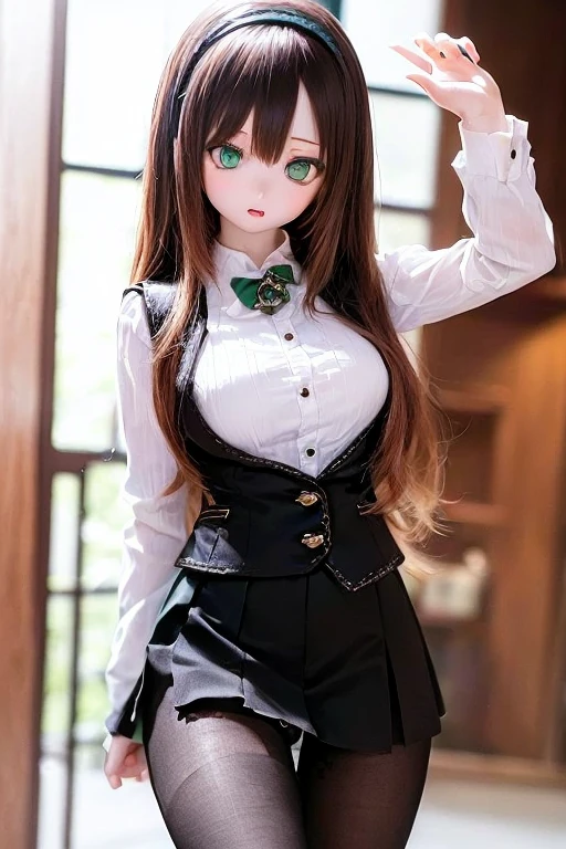 (SFW:2), photorealistic, realistic photo, 8k, ((highest quality)), ((masterpiece)), (extremely detailed), kukolnydom, doll, (mature woman, 21yo, 21 years old, solo:1.6), ((cowboy shot, dynamic pose, slim, slender, skinny, medium breasts, hairband, ascot, vest, dress shirt, long puff sleeves, pleated skirt, black pantyhose)), (parted lips, green eyes, brown hair, long hair, plastic skin, looking at another, glass eyes, gradient eyes, shining eyes, detailed eyes:1.3)
