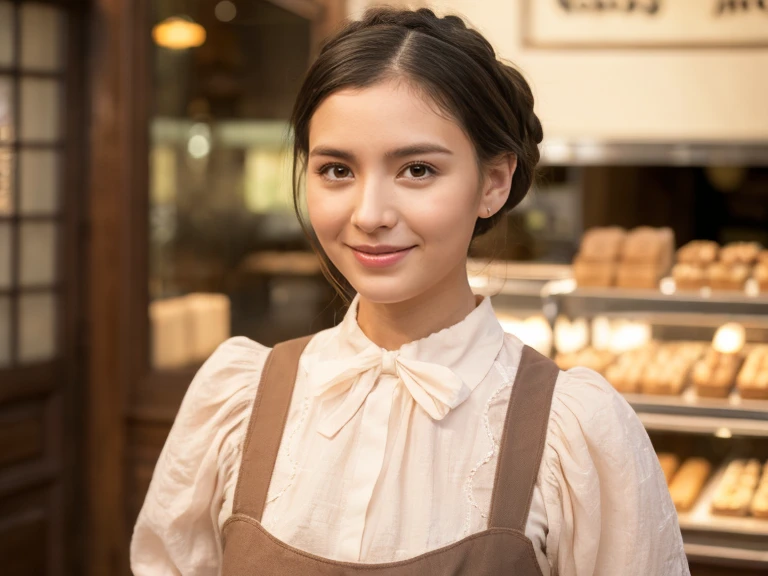 best quality, full body portrait, delicate face, pretty face,slim figure,OL, instagram photo, 40 year old, breathtakingly korean woman, eyes sparkling with joy, she stands at a vintage bakery shop, side dutch pose, ((turn towards right side)), (masterpiece), (1 woman), preppy model, feminine, (cute face), (incredibly beautiful body), top-quality, masterpiece, high resolution, Photorealistic, highly detailed, true to life, detailed eyes, detailed beautiful skin at ears, (no earrings), life-like detailed beautiful brown eyes, ((styled loose Updo hair, long black brown relaxed hair)), (((hair tucked behind ears))), extremely detailed skin, slight skin blemish, moist nude lips, (exceptional delicate perfect ears), hyper realistic, big dark brown eyes, sincere, confident, mesmerizing eyes,(double eyelid), (realistic face), ((fresh dewy healthy skin texture)),nice teeth, (moist lips)), light natural makeup, translucent white skin, realistic eyes, round iris black pupils, sparkly eyes, beautiful ear skin texture, (realistic skin), attractive, ultra high resolution, extremely realistic, wearing a feminine romantic cottage apron white dress long sleeves, intricate detailed blend of linen cotton fabric and lace detailed stitching delicate frill dress embroidered on the chest, a thin velvet ribbon neck princess bow, pleated at waist mid-length a-line skirt, beige brown colors fashionable feminine waitress by Max Mara Ready-to-Wear dress, very detailed, golden ratio, graceful, (no jewelry), bare nude skin at neck, (nude ears), sharp focus face side body, no earrings,effortlessly,serene eyes, natural morning daylight, Realistic,sharp focus,(intricate:1.03), Hyper Real, background: a french bakery shop, detailed french fruit pastries and sweet strawberry raspberry cakes,Victorian door,extremely delicate and beautiful, Raw photography, mood is a crisp morning serene nostalgic bakery interior design, depth of field, ((((8k wallpaper))),16k,