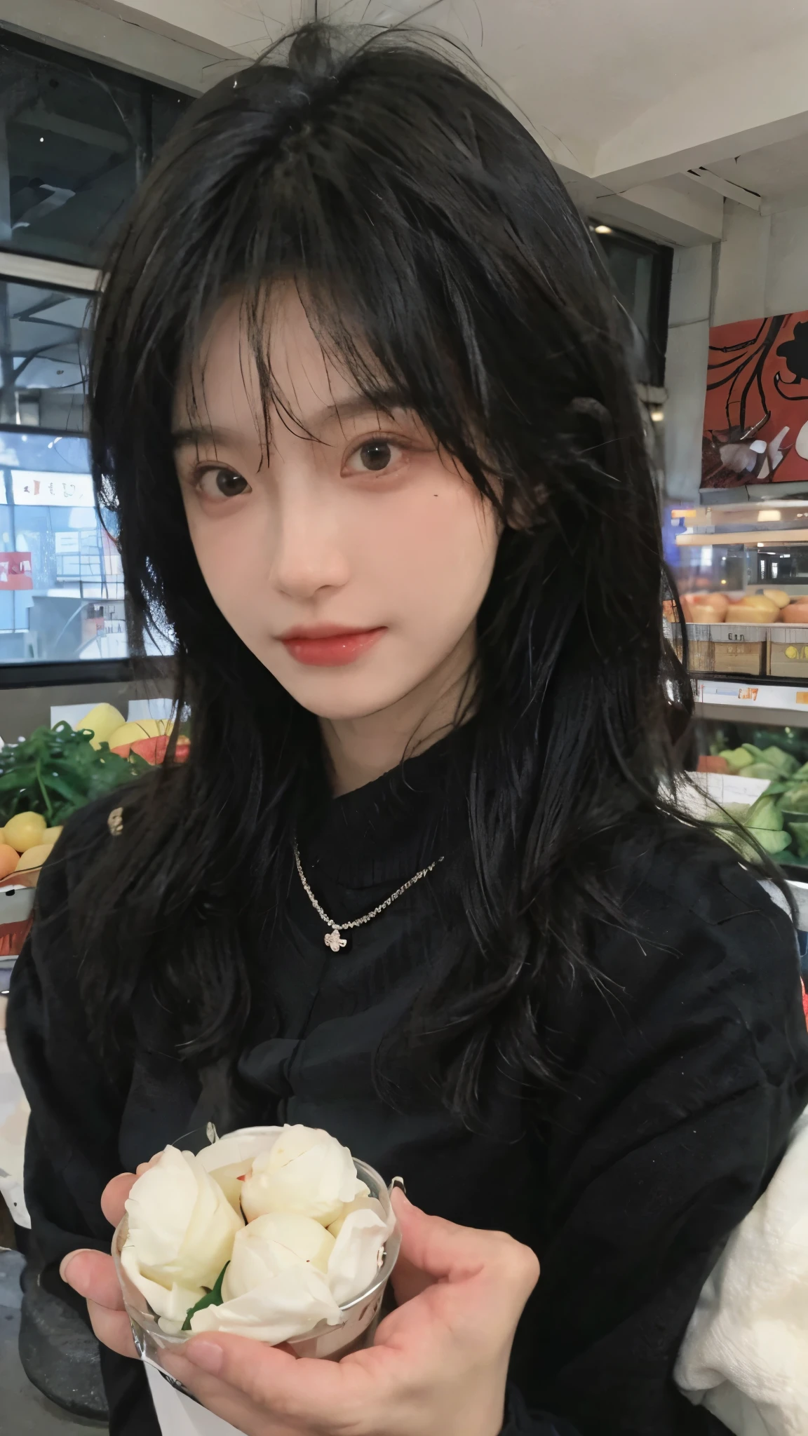 Best quality,Ultra-high resolution,(Realism:1.4),Cute hairpins,girll,Cropped black sweater,Look directly at the audience,Full of atmosphere,Beautiful woman with a slim figure:1.4,supermarket,whole body,Super delicate face,Exquisite eyes,Double eyelids,necklace