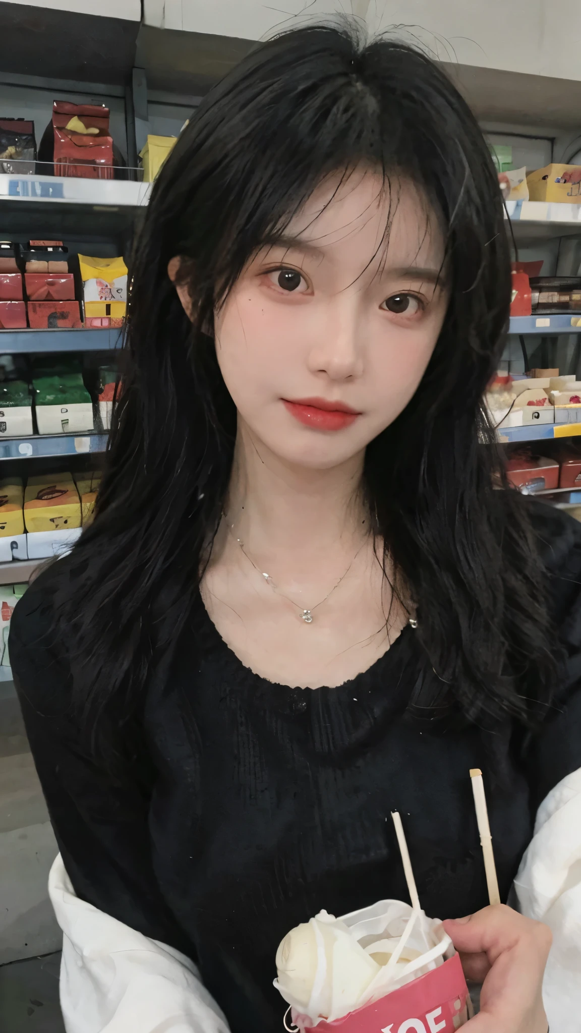 Best quality，Ultra-high resolution,(Realism:1.4)，Cute hairpins，girll,Cropped black sweater，Look directly at the audience，Full of atmosphere，Beautiful woman with a slim figure:1.4，supermarket，whole body，Super delicate face，Exquisite eyes，Double eyelids，necklace