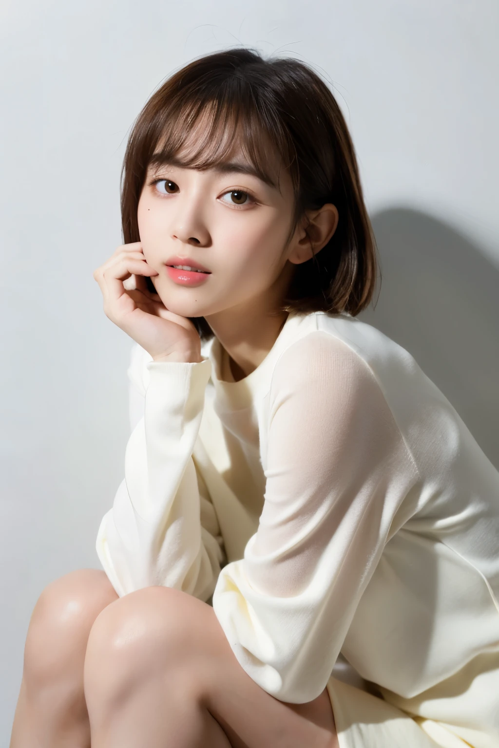 ((Highest quality)), ((masterpiece)), (detailed), 1 person, Run-6500-v1.1, (RAW Photos:1.2), (Photorealistic), beautiful and detailed, (Genuine: 1.4), short hair、Long sleeve shirt、Photographed in front of a white wall、Very detailedな目と顔, Beautiful and beautiful eyes、Large file size, High resolution, Very detailed, Highest quality, [masterpiece:1.6], Awareness-raising, Very detailed, Hmph, finely, Highest quality, 8k wallpaper, 1 person, 32 years old, Perfect figure, Cute droopy eyes、Beautiful big eyes、 Highest quality, eye shadow, Upper Body, Portraiture, ((Full Body Shot:1.2))