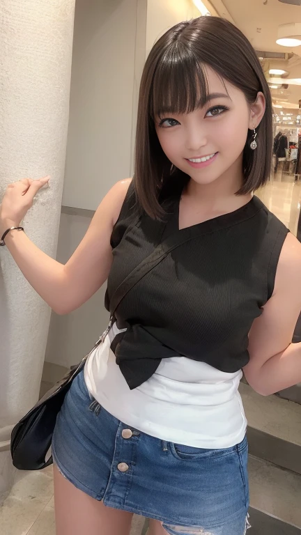 (High heel knee high boots)、(Sleeveless shirt with text print、belly on)、Tight mini skirt with slit、A 19-year-old girl standing alone by a pillar on the stairs in front of the station at night.、Short Bob Hair、Medium brea、Beautiful long legs、masterpiece:1.3、Raw photo quality、Highest quality、Detailed image quality、Detailed Background、(((Paisura:1.3))、Shoulderack)))、