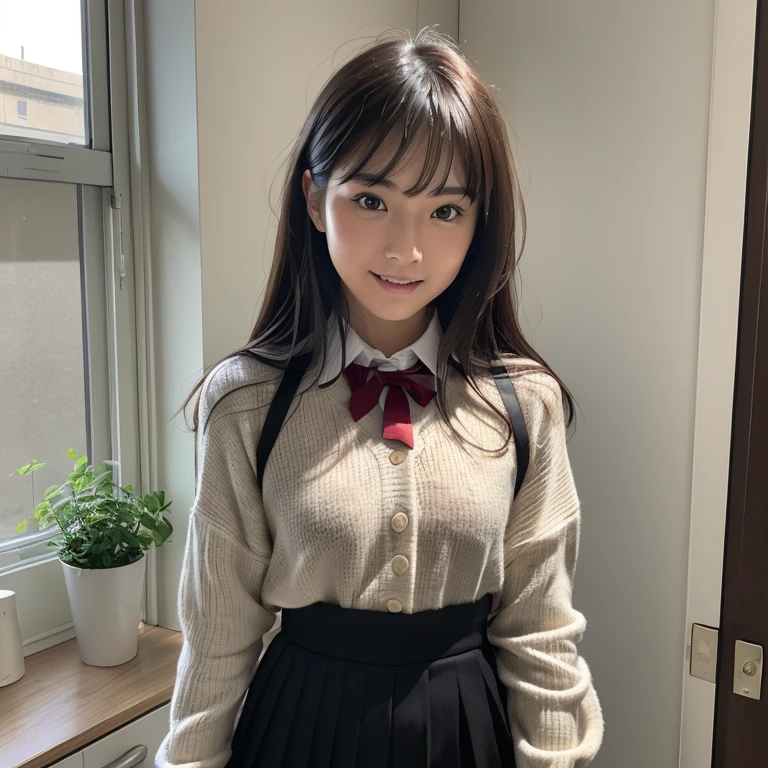 8k、(masterpiece, Highest quality:1.4)、Very realistic、Japanese、One Woman、She has a tall and slender figure with long legs.、Flat Chest、(((Description：In the office、clothing：OL uniform wearing)))、38 years old、(Hairstyle：Bangs(1.6))、The best smile、