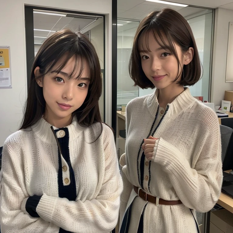 8k、(masterpiece, Highest quality:1.4)、Very realistic、Japanese、One Woman、She has a tall and slender figure with long legs.、Flat Chest、(((Description：In the office、clothing：OL uniform wearing)))、38 years old、(Hairstyle：Bangs(1.6))、The best smile、