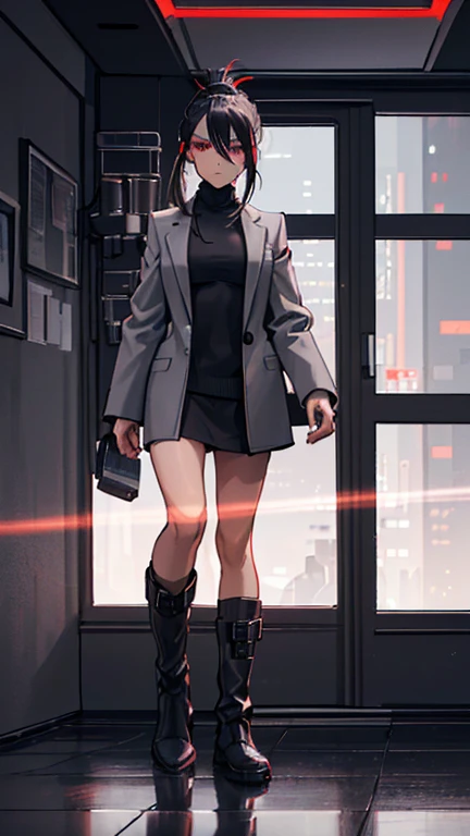 (detailed), (((normal guy))), (Arabic characteristics), ((gray wool jacket)), ((pelo negro rizado Ponytail hairstyle)), ((Ponytail hairstyle)), (calm face), ((by the width)), ((coffee boots)), (((whole body))), ((in a cyberpunk room)), ((male)), (gray turtleneck sweater), ((only one person)), (at night), terror, ((eyes glowing red)), In the dark