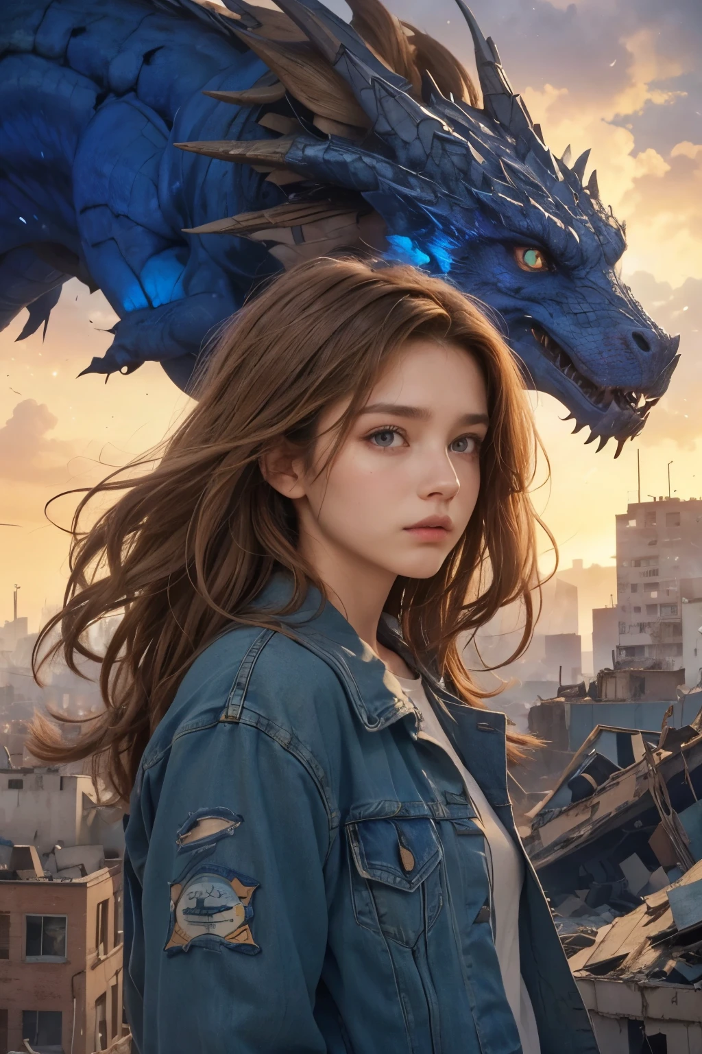 A beautiful woman. Light brown hair. she is eighteen years old. She is looking at the camera with a defiant expression. Upper body close-up image. She wears blue jeans as a jacket. In the space behind the woman is a destroyed city, and a gigantic dragon dancing above the city.