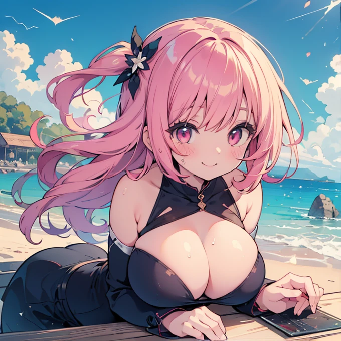 Anime style illustrations, Lofi Art Style, Anime illustration(flying debris), (Highest quality), Very detailed, ((1 person)), Focus Only,dynamic,((smile)),Perfect Face, Beautiful Face, Very detailedな顔,(Pink long hair_Pink Eyes:1.3),Swimwear,Idle only,Gorgeous hair ornament,smile,Large Breasts,Sandy Beach,Underarm、Sweat、look up,smile,alone, 1 personの, blush,People around me々,solo, 1 personの, Large Breasts, Sparkle Effect,