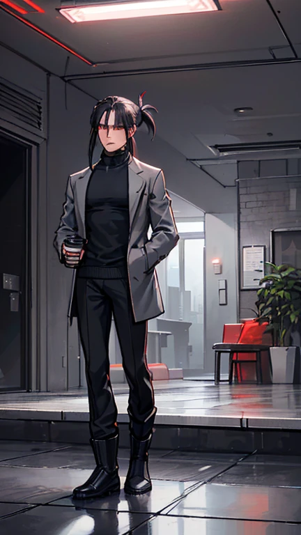 (detailed), (((normal guy))), (Arabic characteristics), ((gray wool jacket)), ((pelo negro rizado Ponytail hairstyle)), ((Ponytail hairstyle)), (calm face), ((by the width)), ((coffee boots)), (((whole body))), ((in a cyberpunk room)), ((male)), (gray turtleneck sweater), ((only one person)), (at night), terror, ((eyes glowing red)), In the dark