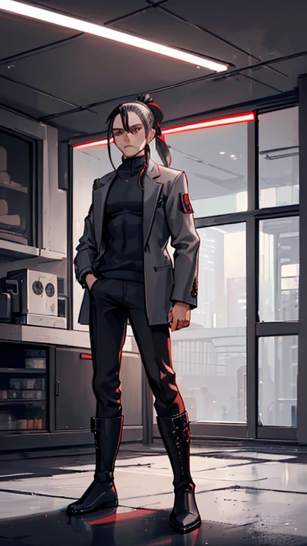 (detailed), (((normal guy))), (Arabic characteristics), ((gray wool jacket)), ((pelo negro rizado Ponytail hairstyle)), ((Ponytail hairstyle)), (calm face), ((by the width)), ((coffee boots)), (((whole body))), ((in a cyberpunk room)), ((male)), (gray turtleneck sweater), ((only one person)), (at night), terror, ((eyes glowing red)), In the dark