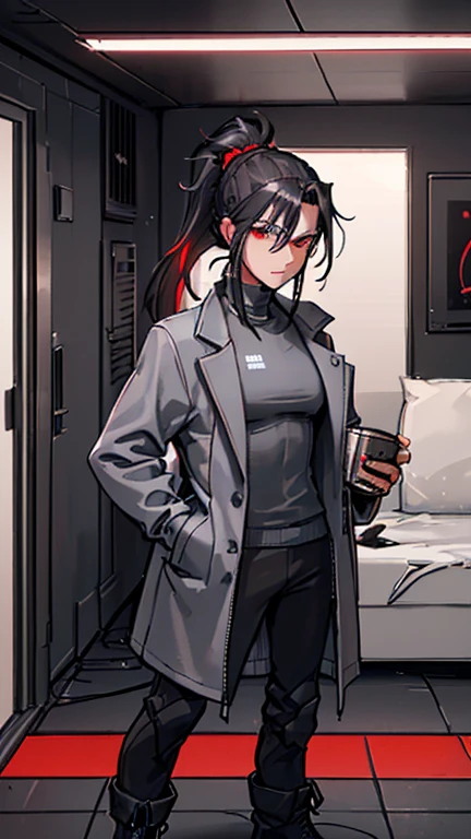 (detailed), (((normal guy))), (Arabic characteristics), ((gray wool jacket)), ((pelo negro rizado Ponytail hairstyle)), ((Ponytail hairstyle)), (calm face), ((by the width)), ((coffee boots)), (((whole body))), ((in a cyberpunk room)), ((male)), (gray turtleneck sweater), ((only one person)), (at night), terror, ((eyes glowing red)), In the dark