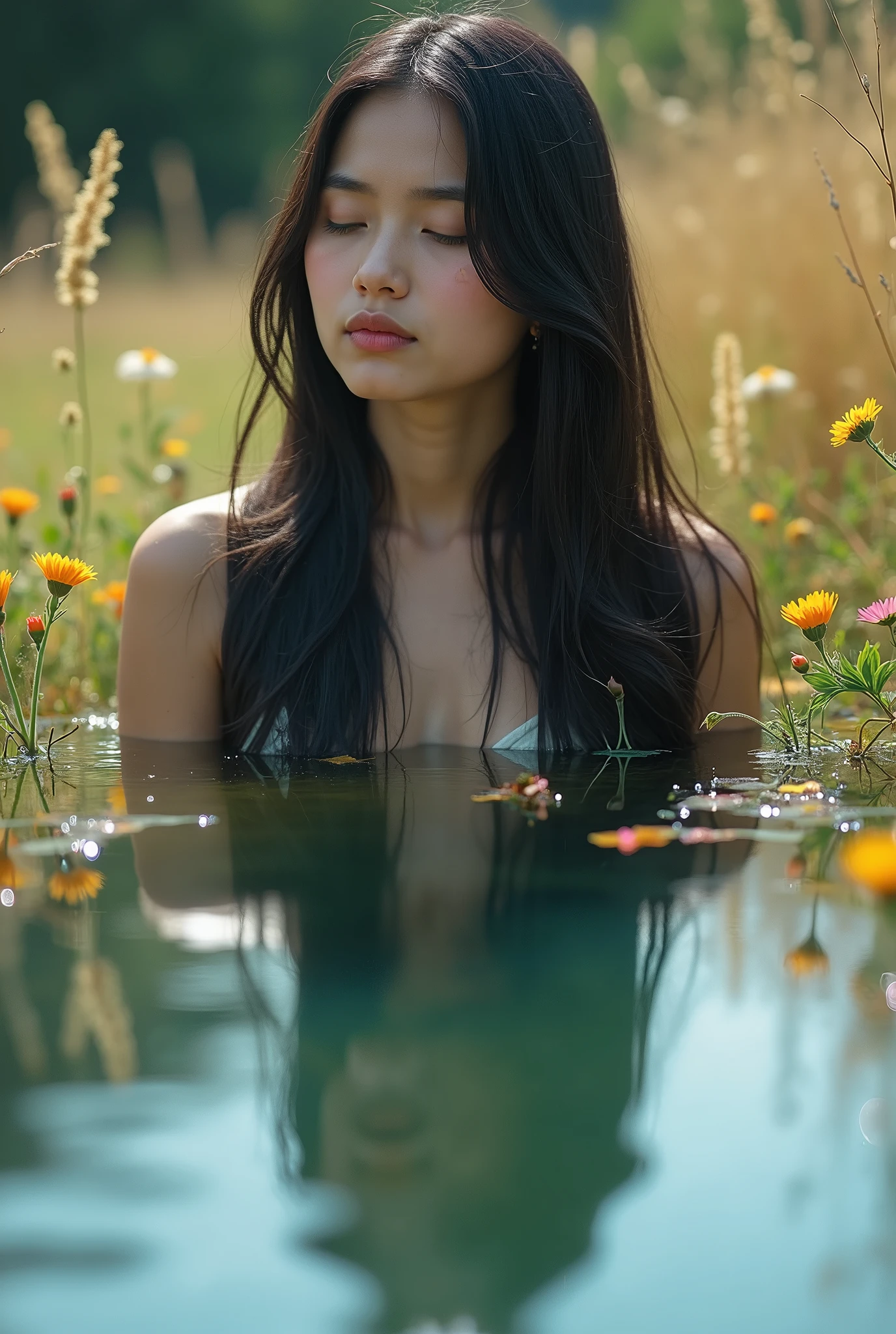 Peaceful and ethereal scene,A beautiful young woman with long black hair,With eyes closed,Quietly meditate。The composition incorporates elements of land and water,Creates a dreamlike atmosphere。The top half of the image shows the woman's reflection in the calm water,Soft ripples distort her face。The lower part of the picture is full of tenderness、Glittering wildflowers and tall grasses,Bath in soft、In scattered sunlight。The whole scene is filled with soft blue-green tones,This hue is enhanced by rainbow-like lens flare and bokeh effects,Make it mysterious、Otherworldly quality,The whole picture is full of autumn atmosphere,The overall color is autumn。