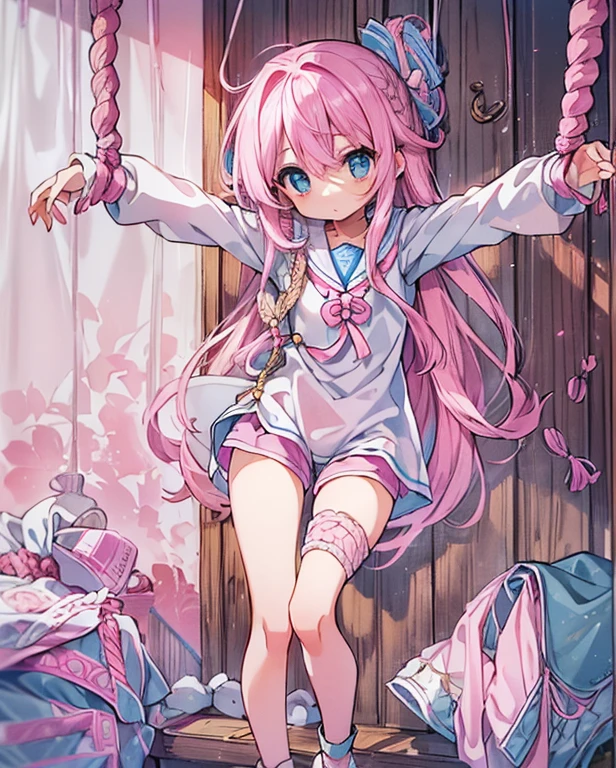 Beautiful illustrations, Highest quality, (:1.4)、(pretty :1.5)、 Flat Chest、Sailor collar、(White long tunic:1.4)、Long sleeve sailor suit、Blue-line cuffs、(Pink Chino Shorts:1.7)、(Pink shorts with wide openings:1.6)、Gap between thigh and shorts、Thin thighs、White socks、 Cinema Lighting, (Pink long hair)、Pink Straight Hair、(Braiding of the back of the head),(bonding,Hanging、Bonding with rough rope:1.3)、