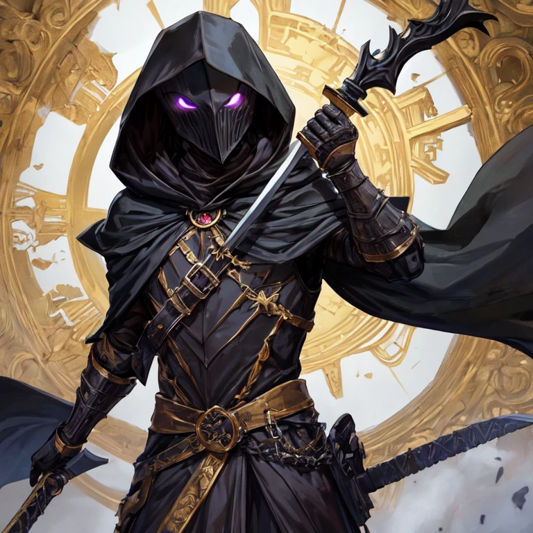 Male Nazgul Ringwraith Necromancer With Sword In Black, in dark gold armor with a black robe with a hood on and a helmet covering his face with black hair
