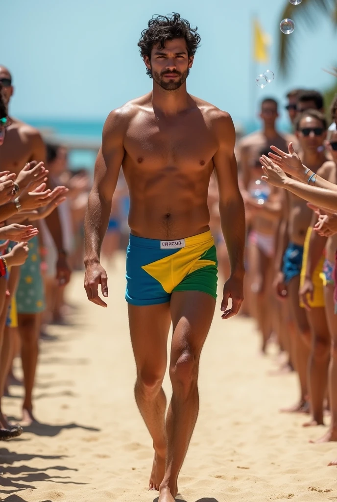 A handsome 27-year-old tall white young man in a men's fashion show on the beach shore wearing a green, yellow and blue Brazilian swimsuit with a beach ball in his hand. Many people applaud him and bubbles are around him. Tight boxer shorts in the colors of the Brazilian flag. Unshaved, white, tall with black hair flaquito 