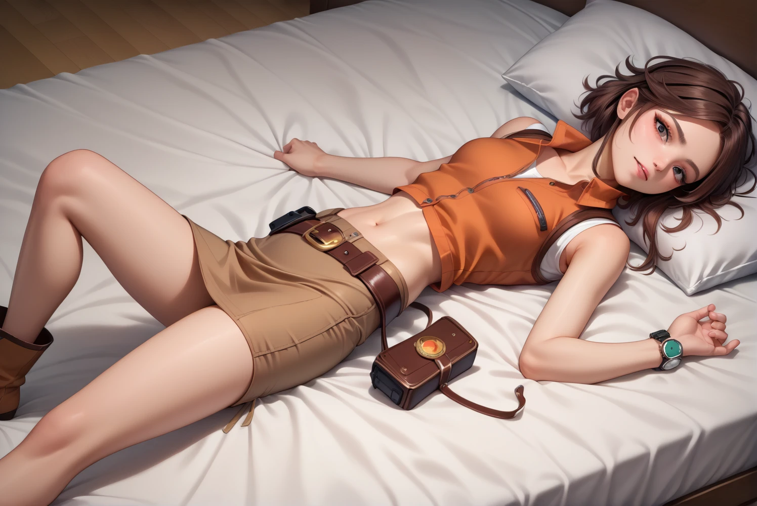 Gemini Sunrise,black eye,Brown sleeveless collared cowgirl shirt,Ultra mini skirt,Western belt with holster,Western Boots,Watch on wrist,Navel exposed,Alluring face,Seduce,Above the knee shot,Look ahead,Lying in bed,Ultra-high resolution,16K