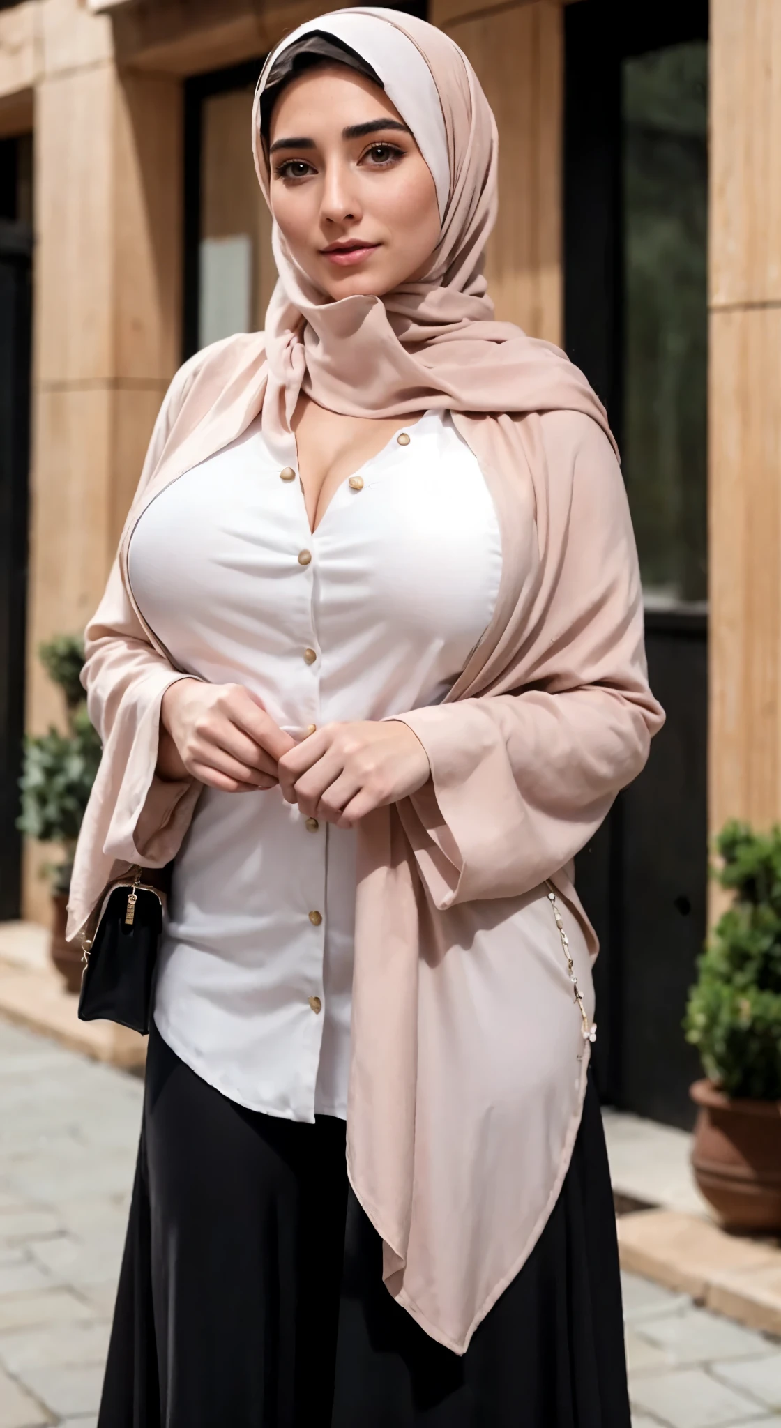 Beautiful and regal, imperious and aloof, athletic (thin) brunette queen with sharp facial features wearing a modest updo, dark red medieval dress, long sleeves, intricate patterns, embroidery, wide neck, crown, veil, long dress, modest dress, tight bodice, silver (waist chain), medieval jewelry, Middle Ages, castle, rampart, wall, exterior, on top of a castle wall, trees, countryside, evening, sunset., hijab