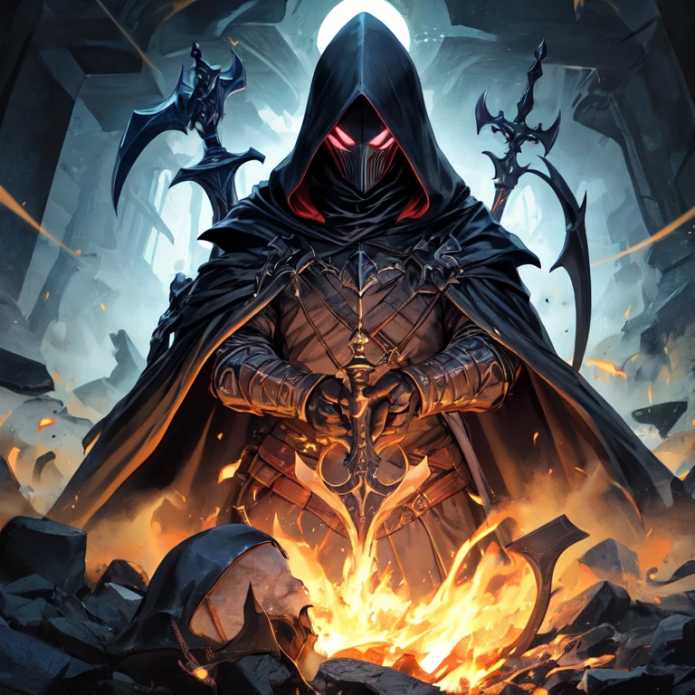 Male Nazgul Ringwraith Necromancer With Sword In Black, in dark gold armor with a black robe with a hood on and a helmet covering his face with black hair