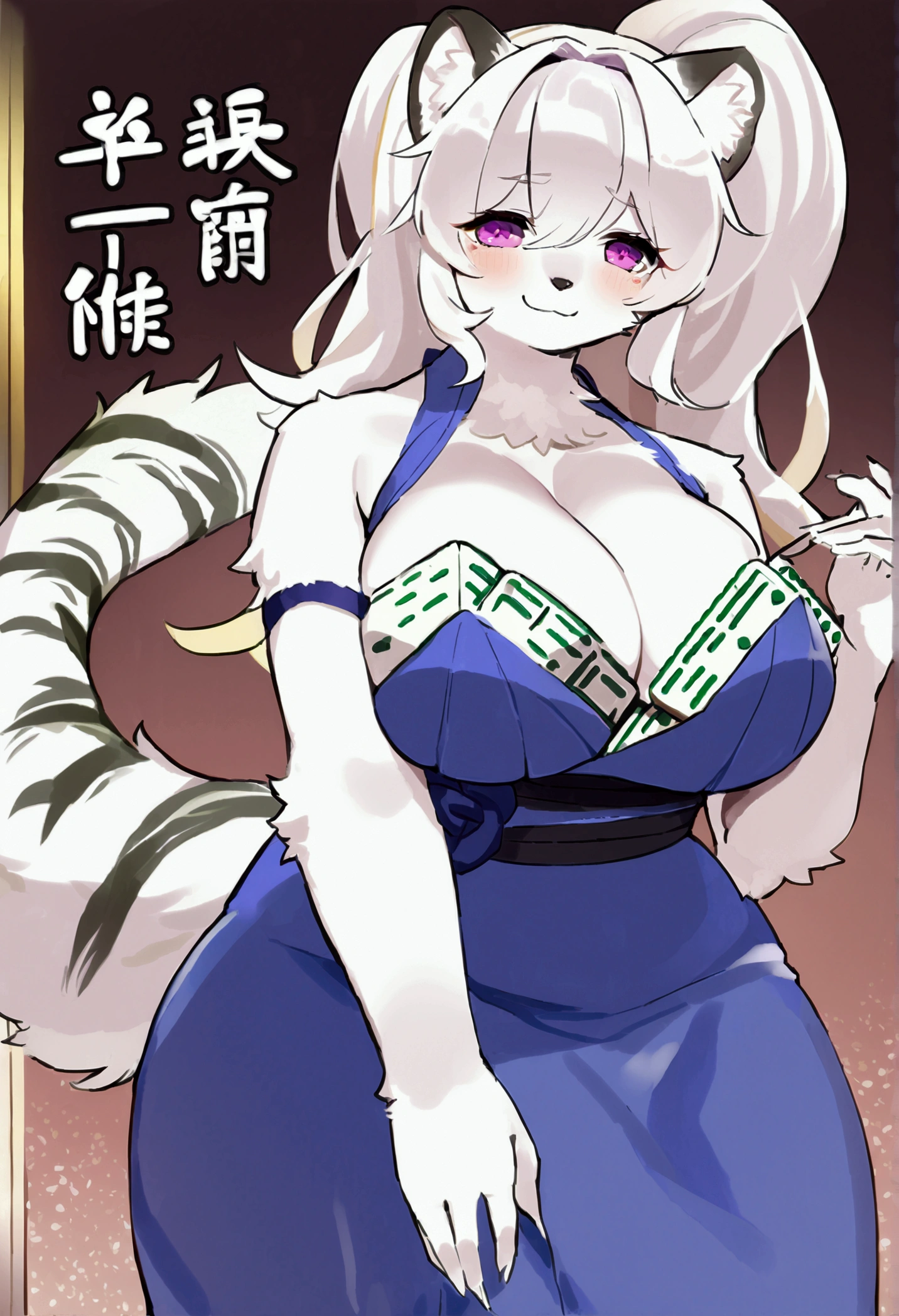 (top quality, best quality, High-quality illustrations, masterpiece, 16k, 1080p, uploaded on e621)(kemono, furry, anthro, alone), (round, 1 female, hot mother figure, very detailed body face and eyes, white tiger, Hannah, (Mahjong Soul: Game), white fur, fluffy, slightly chubby, big breasts, tail, perfect eyes, pink eyes, purple pupils, white long hair, beautiful evening dress), (round, 1 female, hot mother figure, very detailed body face and eyes, white ferret, Hanazono Chiyuki, (Sdorica), white fur, fluffy, big breasts, tail, perfect eyes, yellow eyes, white ponytail hair, beautiful japanese dress), beautiful night, body movement, body twitching, shy smile, red blushing,