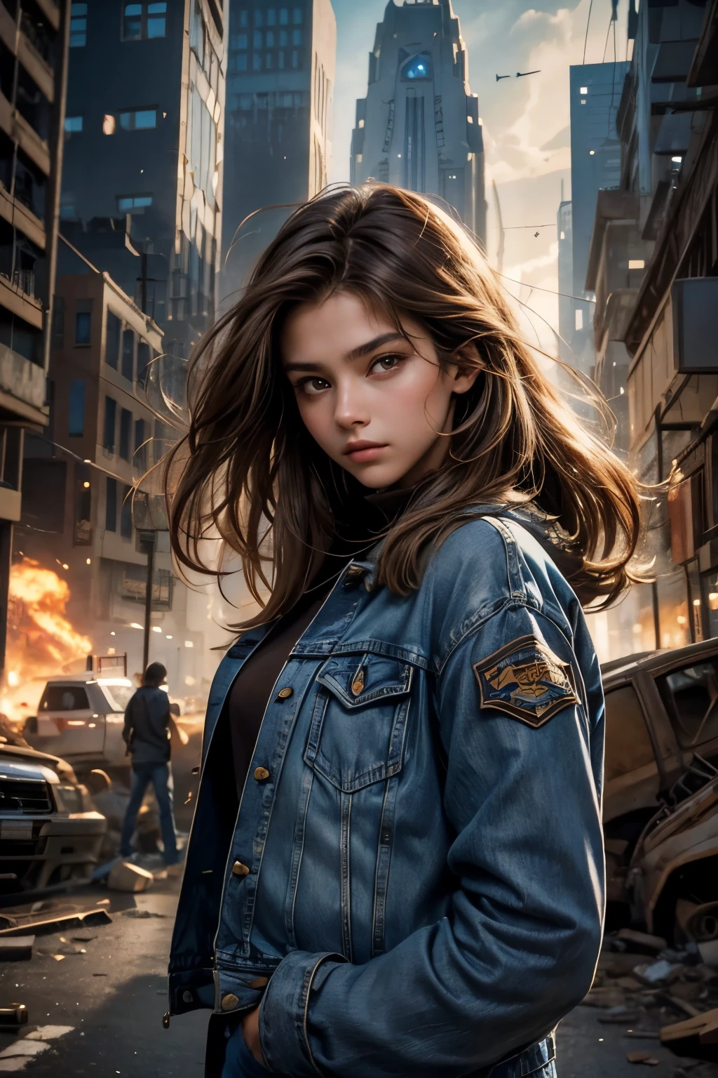 A beautiful woman. Light brown hair. she is eighteen years old. She is looking at the camera with a defiant expression. Upper body close-up image. She wears blue jeans as a jacket. In the space behind the woman is a destroyed city, and a gigantic dragon dancing above the city.