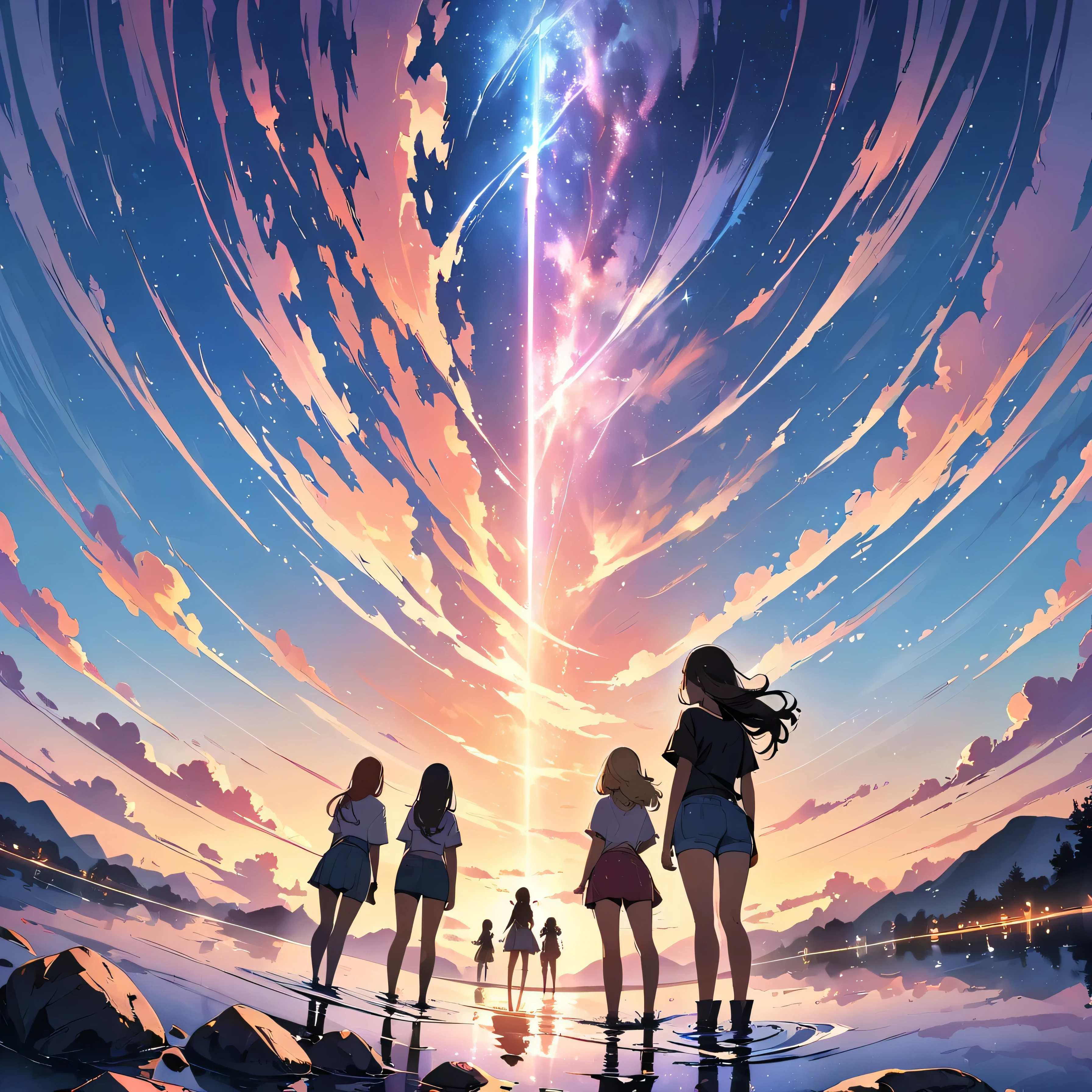 official art, unified 8k wallpaper, super detailed, masterpiece, Best image quality,super wide angle,evening,(five slim girls are standing side by side:1.5), (standing far away:1.6), black t-shirt and jeans shorts, rock stars, Standing in the pond,(Backlit:1.5), water is like a mirror,reflecting the sky。look up to the sky,Colorful sunset,Dynamic angle, grace, bright colors, from behind