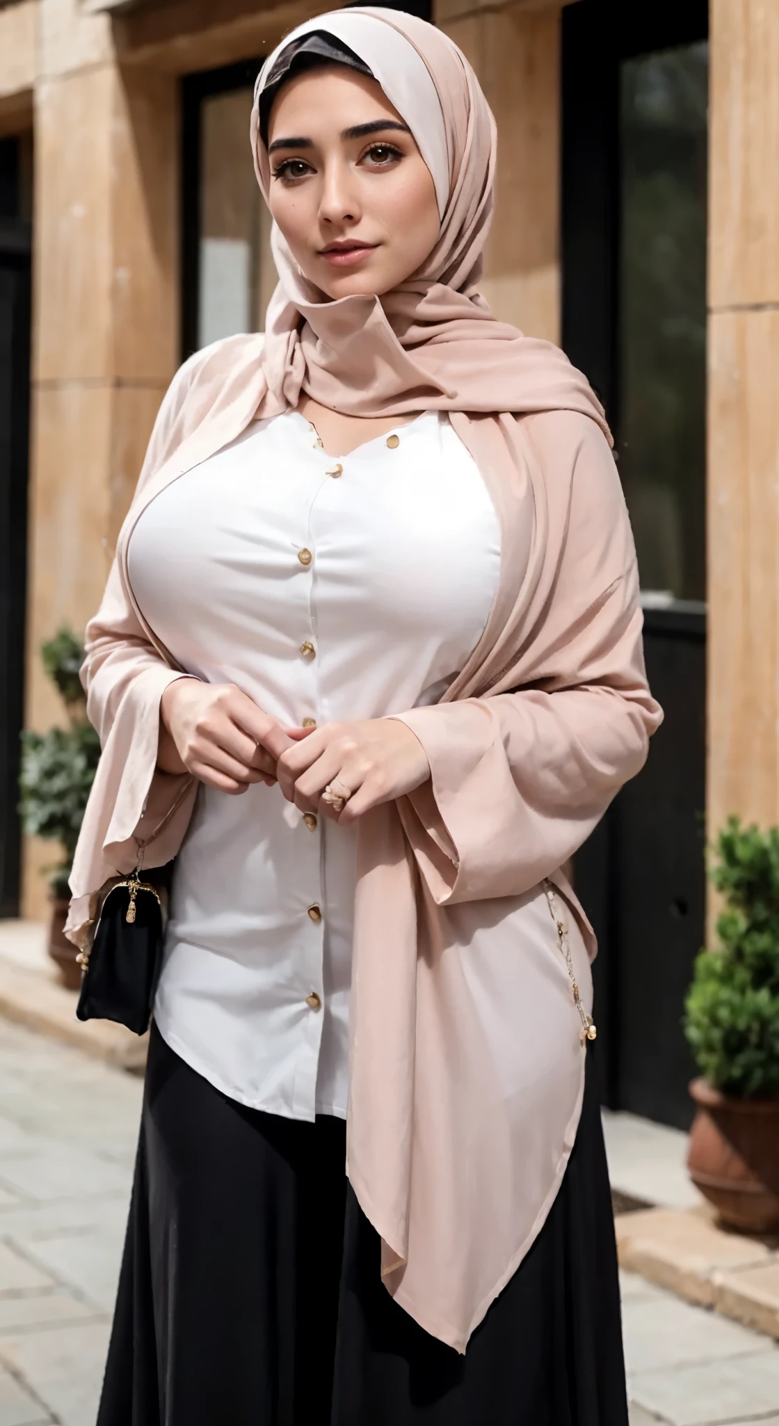 Beautiful and regal, imperious and aloof, busty athletic (thin) brunette queen with sharp facial features wearing a modest updo, dark red medieval dress, long sleeves, intricate patterns, embroidery, wide neck, crown, veil, long dress, modest dress, tight bodice, silver (waist chain), medieval jewelry, Middle Ages, castle, rampart, wall, exterior, on top of a castle wall, trees, countryside, evening, sunset., hijab