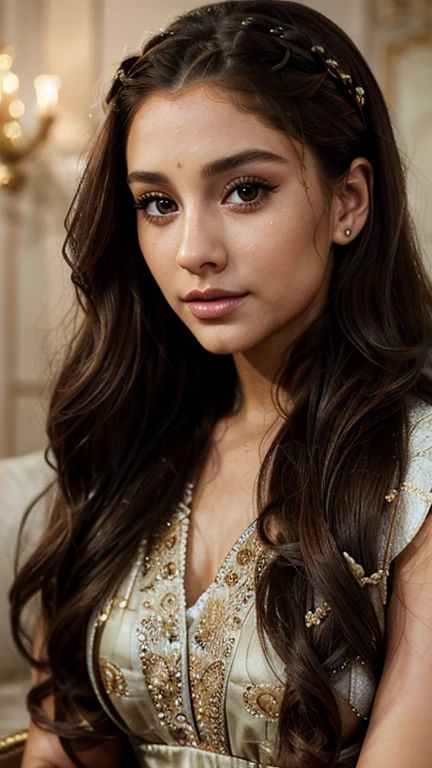 ariana grande, 1girl, beautiful detailed eyes, beautiful detailed lips, extremely detailed face and skin, long eyelashes, beautiful young woman, serene expression, long wavy brown hair, elegant hairstyle, beautiful detailed dress, vibrant colors, intricate design, luxury fashion, high-end jewelry, dramatic lighting, cinematic composition, photorealistic, 8k, high quality, concept art