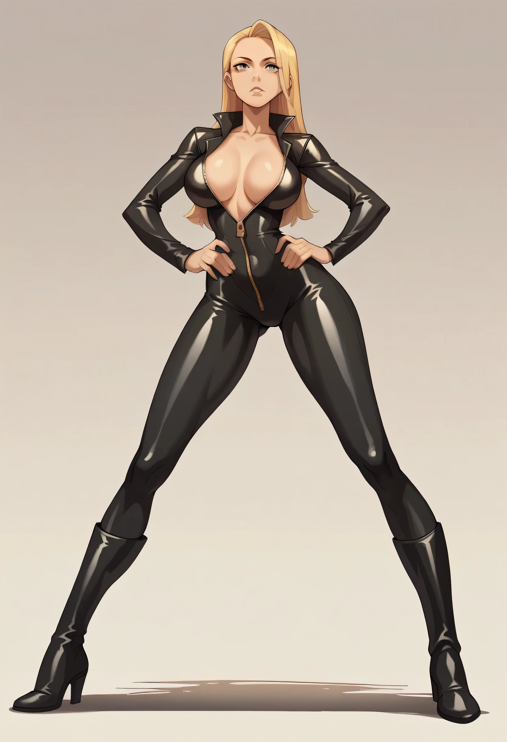 Masterpiece, best quality, Masterpiece, best quality, 1 woman, long blonde hair , Tight black leather suit , unzipped , big breasts , abdomen , Long legs , Put your hands on your hips.. , boots , full body 