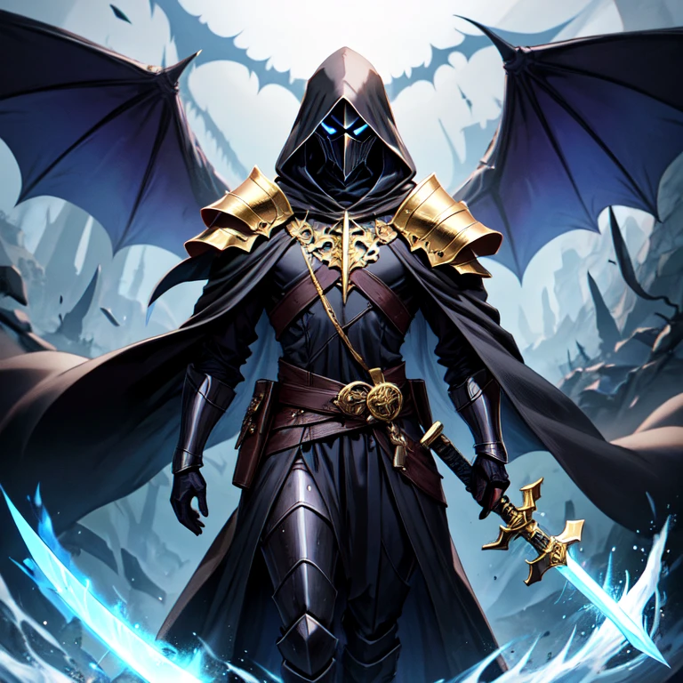 Male Nazgul Ringwraith Necromancer With Sword In Black, in dark gold armor with a black robe with a hood on and a helmet covering his face with black hair