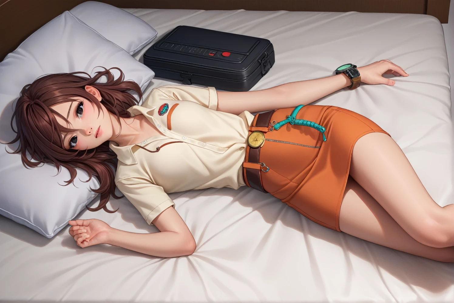 Gemini Sunrise,black eye,（A brown, short-sleeved, collared cowgirl shirt）,Ultra mini skirt,Western belt with holster,Western Boots,Watch on wrist,Navel exposed,Alluring face,Seduce,Above the knee shot,Look ahead,Lying in bed,Ultra-high resolution,16K