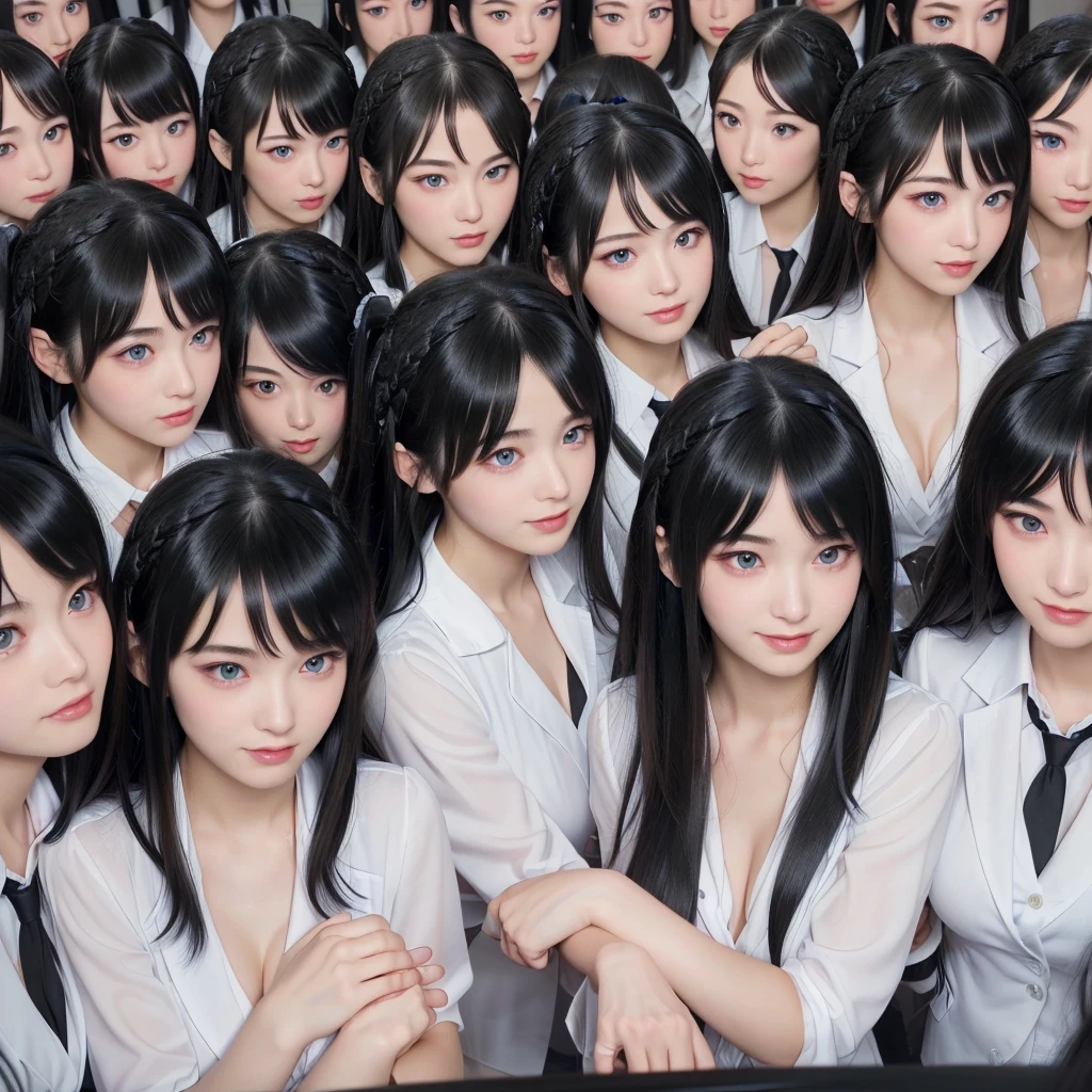 (Perfect Clone girls Photography Art), (16K, Highest quality, Ultra-high resolution, Realistic), (Japanese, Female college student, 20-year-old), (((((Small face, (((((Thick black hair, Semi-long hair)))))))))), ((Beautiful detailed girls, Accurate body structure, Very detailed body, ((((Big Breasts, J-Cup))), Emphasis on the fullness of a large chest))), ((Cute expression, A gentle gaze)), (((((Happy smile))))), (((((Very detailed, 1girl-cloning))))), (((100girls), (6+girls), )multiple girls))), (((A very perfect depiction of a doppelganger))), (((Very detailed, Perfectly the same girl, The exact same smile, Perfect same hair, Perfect same clothes, Perfect same J-cup))), (((((clone girls only))))), (10,000girls), (1,000,000girls), (1,000,000,000girls), (hug, Chest to Chest), (Full cleavage, Lesbian, Kissing the same girl, Girls staring at each other, Girl-on-girl love, Look next door), (1,000,000,000,000,000,000girls), ((The best super crowded, Super dense, Super crowded)), (Soft Light, super wide view, (((Extremely detailed ultra-perspective depiction))))