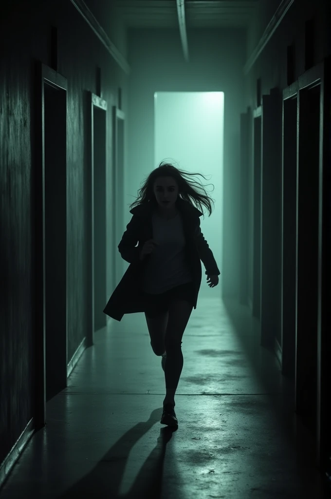 A woman running down an endless, dark hallway with doors slamming shut behind her. A large, ominous shadow looms in the background.