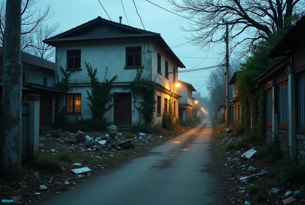 an abandoned house, rubbish everywhere， a weird statue , gloomy, in 1980s China，abandoned street, evening