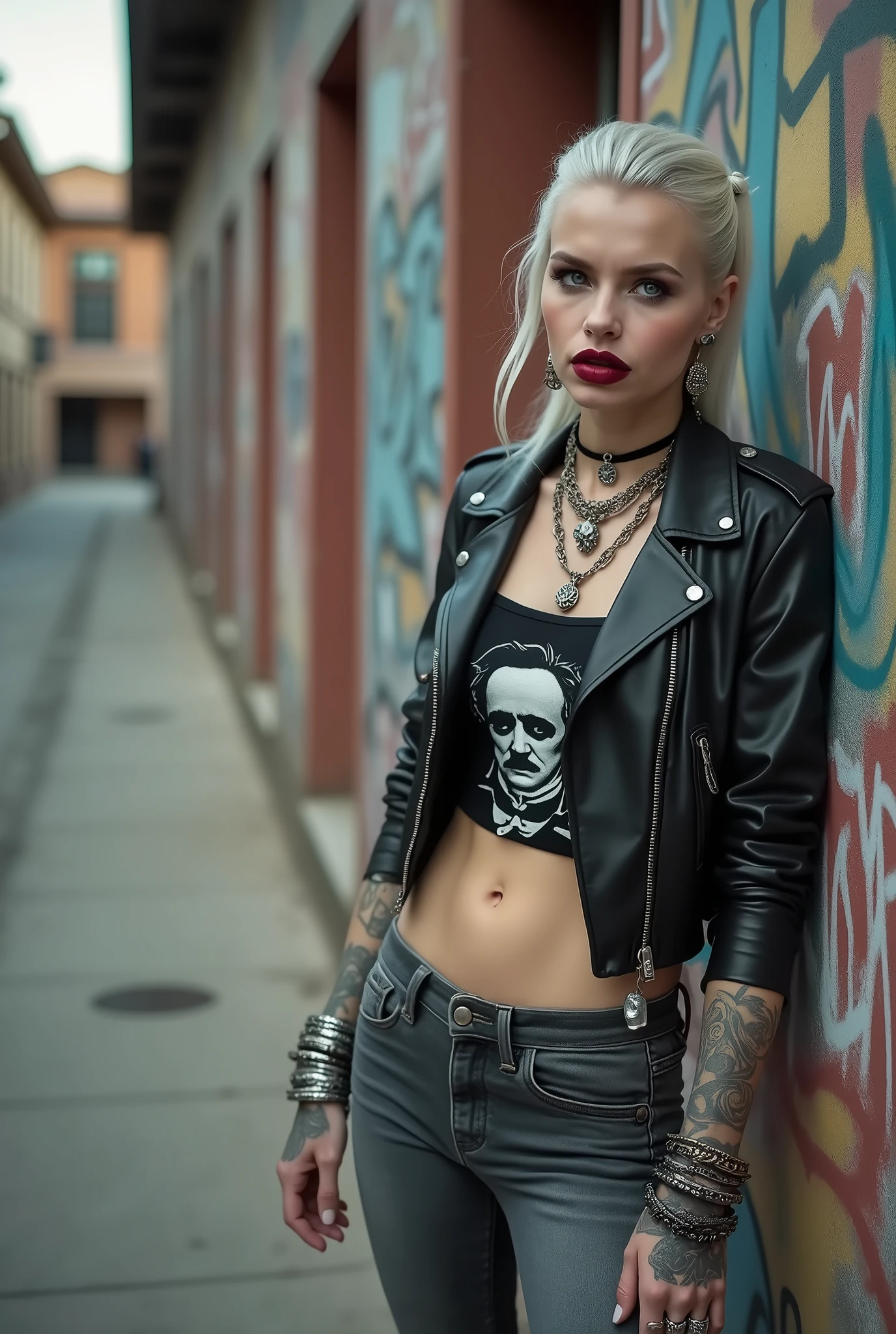 russian old milf woman, biker gang member, long grey hair (combed back with hair gel) with very light blue eyes, extremely pale, heavy eye shadows. Thin. Sad, humbled face, smeared excessive make up and smeared excessive dark red lipstick Wearing cropped black moto jacket, black cropped t-shirt with edgar allan poe logo, skinny black jeans and white tennis sneakers. Lots of metallic bracelets. pentacle pendants. Tacky wide belt with massive skull and bones buckle . Tattoed. Piercing in belly button. Lots of rings and ethnic bracelets. Wide loop earrings. Looks at the camera in shame. Toned abs, long neck, thin arms and legs