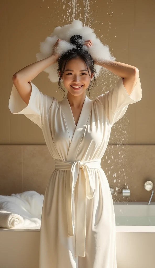 Create an Asian middle-aged beauty,Hair in a bun,Standing on the ground,Beautiful beautiful big eyes,Regular facial features,Normal limbs,Cute big breasts and buttocks,Very proud figure,Wearing a white silk robe,Washing hair with both hands above the head,There are many real bubbles on the head.,,The hair is covered in real white foam,The expression is happy,The characters are realistic and realistic,Warm bathroom background,Character front position,9:16 frames,Ultra-high-definition picture quality