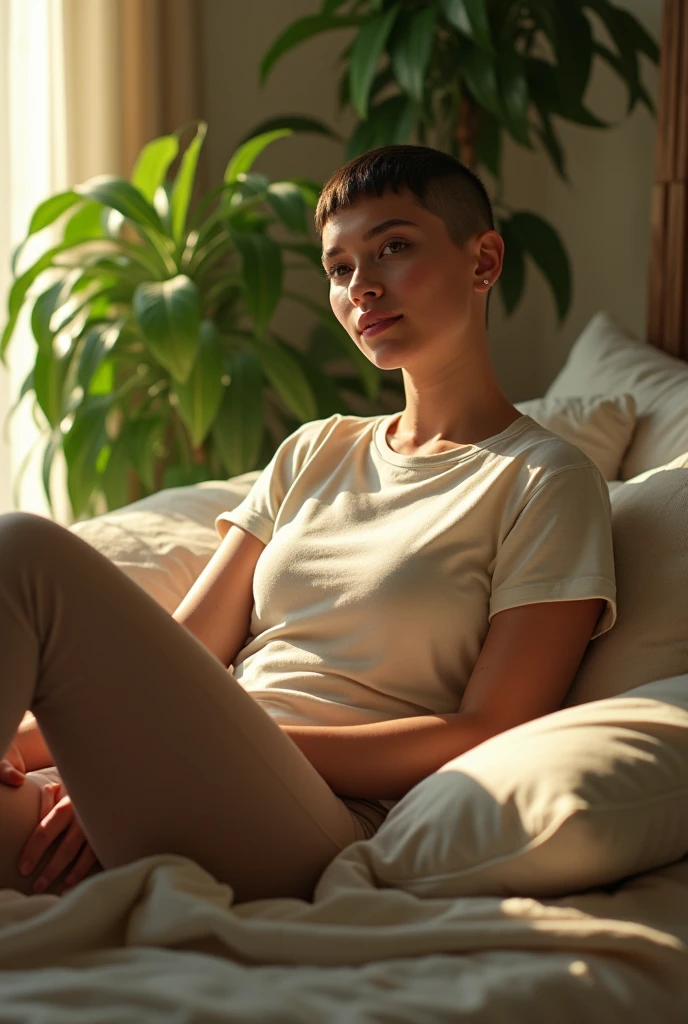 (photorealism:1.2), beautiful chubby young 20 year old woman, sitting on bed, wearing oversized tshirt,tight leggings,buzzcut hair, indoors, soft lighting, plants in background, window with sunlight, cozy room, relaxed pose, realistic, intricate details, warm colors, by Greg Rutkowski, by Alphonse Mucha