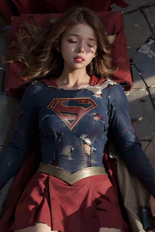 8k, best quality, real picture, intricate details, ultra-detailed, ultra highres, depth field,(photorealistic,realistic:1.2), masterpiece, photo of 1girl, Supergirl, superhero, arms on hips, realistic, red cape, bodysuit, red skirt, red boots, pantyhose, blonde hair, lips, long hair, solo, ruined city background, Nikon d850, film stock, photograph 4 kodak Portra 400 camera f1.6 lens, rich colors, hyper realistic, lifelike texture, dramatic lighting, unreal engine, trending on artstation, cinestill 800,  (lying on back:1.9), (close eyes:1.6), (unconsciousness:1.9), (painful), (defeated from fighting),