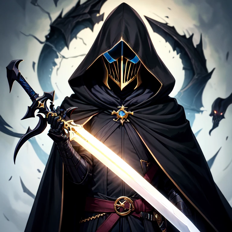 Male Nazgul Ringwraith Necromancer With Sword In Black, in dark gold armor with a black robe with a hood on and a helmet covering his face with black hair 