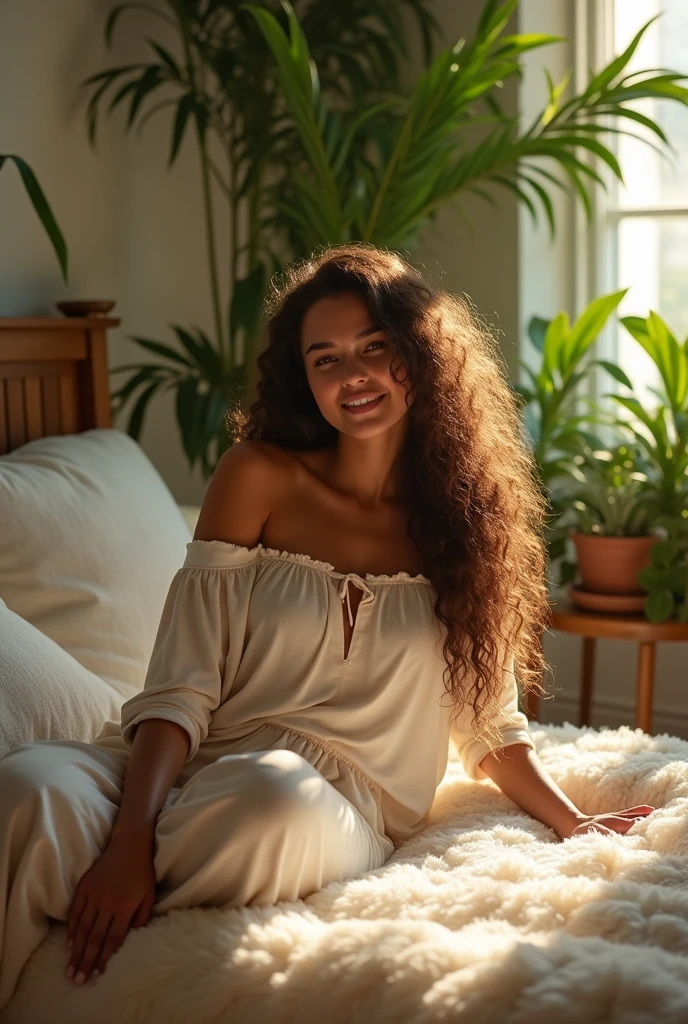 (photorealism:1.2), beautiful woman, sitting on bed, wearing loose off-shoulder top, pajama pants, long curly hair, indoors, soft lighting, plants in background, window with sunlight, cozy room, relaxed pose, realistic, intricate details, warm colors, by Greg Rutkowski, by Alphonse Mucha