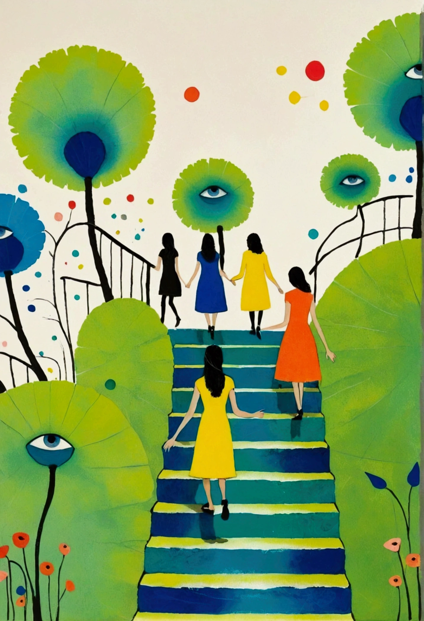 painting of a group of people walking up a set of stairs, mixed media painting, whimsical art, full color mixed media painting, illustrative and abstract, by Alice Rahon, inspired by Barbara Nessim, mixed media style illustration, mixed media illustration, abstract figurative art, by Nadya Rusheva, by Jane Graverol, illustrated in whimsical style