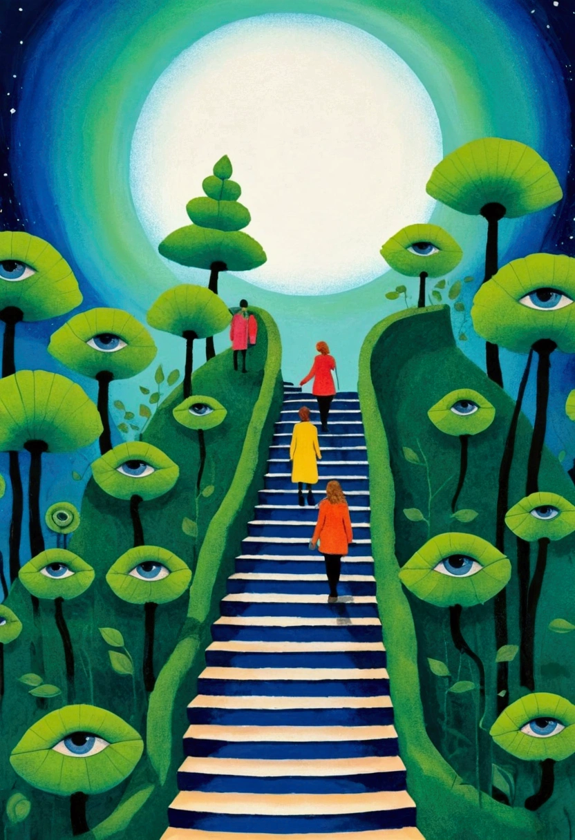 painting of a group of people walking up a set of stairs, mixed media painting, whimsical art, full color mixed media painting, illustrative and abstract, by Alice Rahon, inspired by Barbara Nessim, mixed media style illustration, mixed media illustration, abstract figurative art, by Nadya Rusheva, by Jane Graverol, illustrated in whimsical style