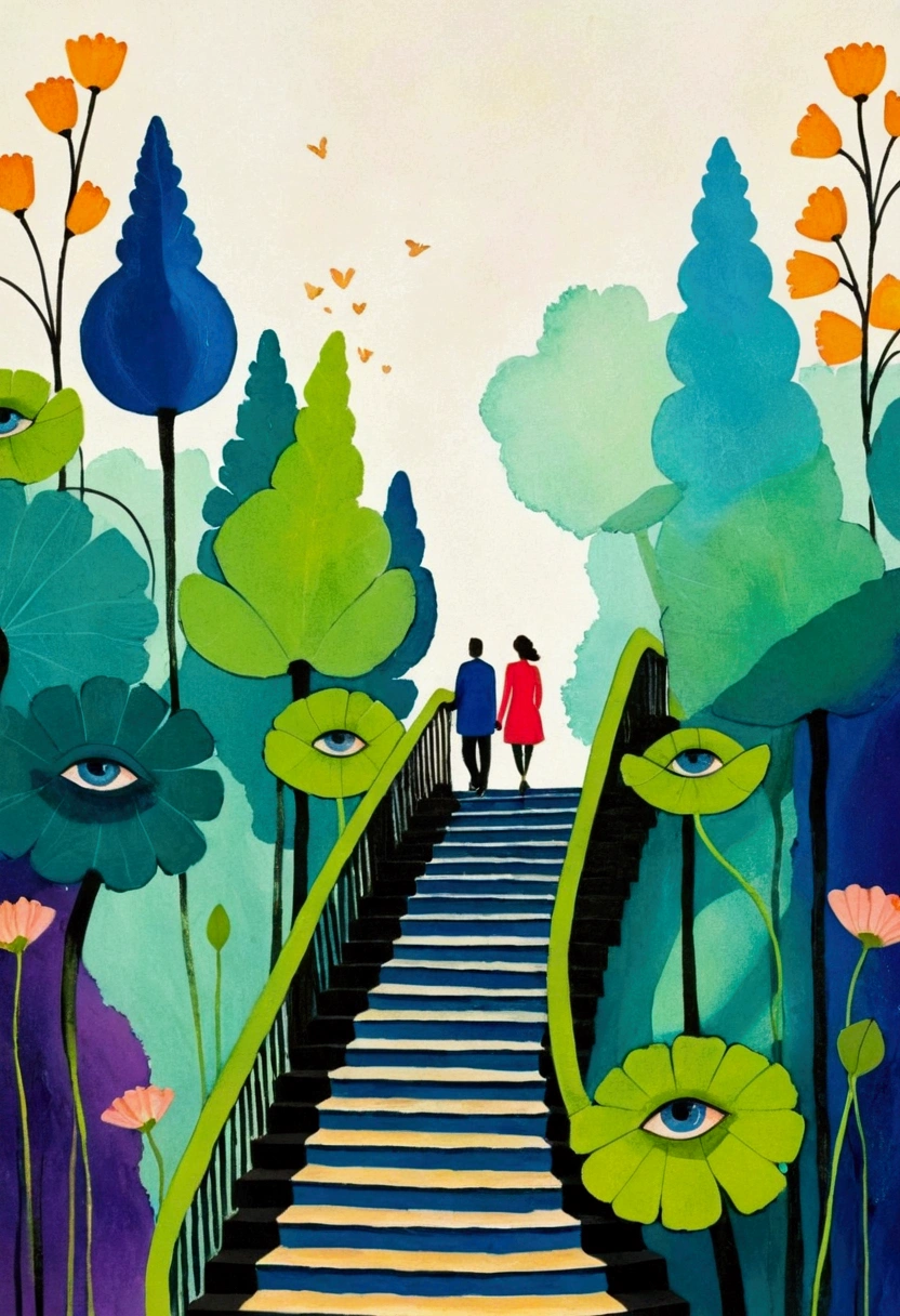 painting of a group of people walking up a set of stairs, mixed media painting, whimsical art, full color mixed media painting, illustrative and abstract, by Alice Rahon, inspired by Barbara Nessim, mixed media style illustration, mixed media illustration, abstract figurative art, by Nadya Rusheva, by Jane Graverol, illustrated in whimsical style