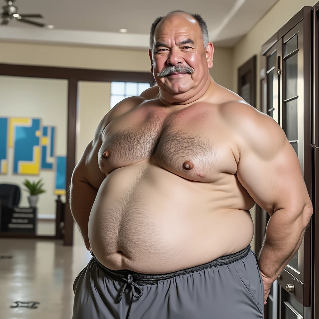 vietnamese grandfather with gray hair, mature face, a thick mustache, a short chin beard, very grey hairy muscular bear body, wearing a massive bulging gray jockstraps standing at the beach, have bearish hairy belly, big muscular chest, a sexy pose