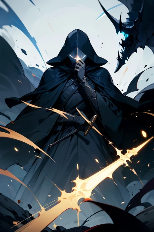 Male Nazgul Ringwraith Necromancer With Sword In Black, in dark gold armor with a black robe with a hood on and a helmet covering his face with black hair