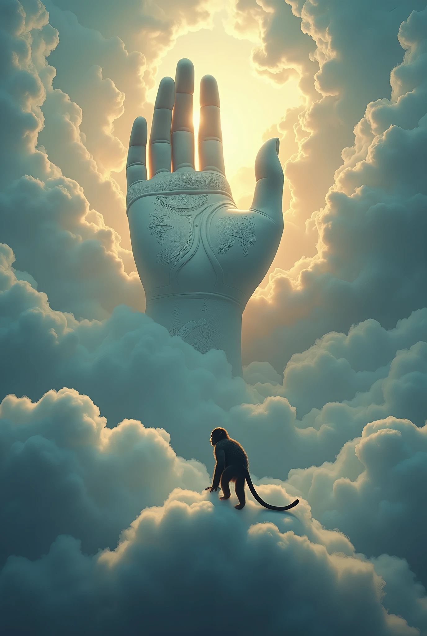 A tremendously large hand of Buddha emerged from the clouds.、A single small monkey riding on a cloud approaches、The contrast in size between the giant Buddha's hand and the small monkey is striking、dramatic、Solemn、sacred、Cinematic、celestial、beautiful、Intricate details、Decorative、8k、Photorealistic、Super detailed、dramaticな照明、Atmospheric、mysterious、Spiritual、Calm、Awe-inspiring、Cinematic composition、Stereoscopic lighting、Shine、Shine、sacred、celestial、beautiful、Sublime、A single monkey riding a cloud approaches the giant hand of a Buddha that has emerged from the clouds, transcending、God-like、omnipotence、Powerful、grow