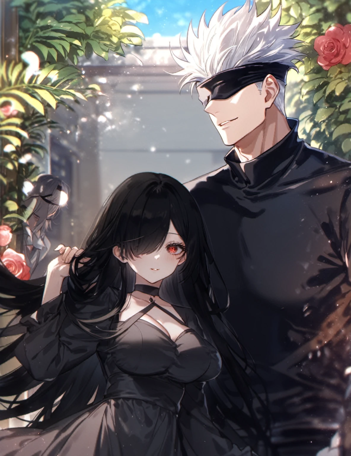 a beautiful woman together with a handsome man, couple, love, sensual, sexy, (beautiful girl, empty eyes, red eyes, straight hair, very long hair, hair over right eye, hair over one eye, black hair, big breasts, short, shy, smile, black dress), (handsome boy, Jujutsu Kaisen, Gojou Satoru, white hair, black blindfold, covered eyes, black shirt), flowers, butterflies, fantasy, magical, summer, 8k, UHD, best quality, accurate, masterpiece, anatomically correct