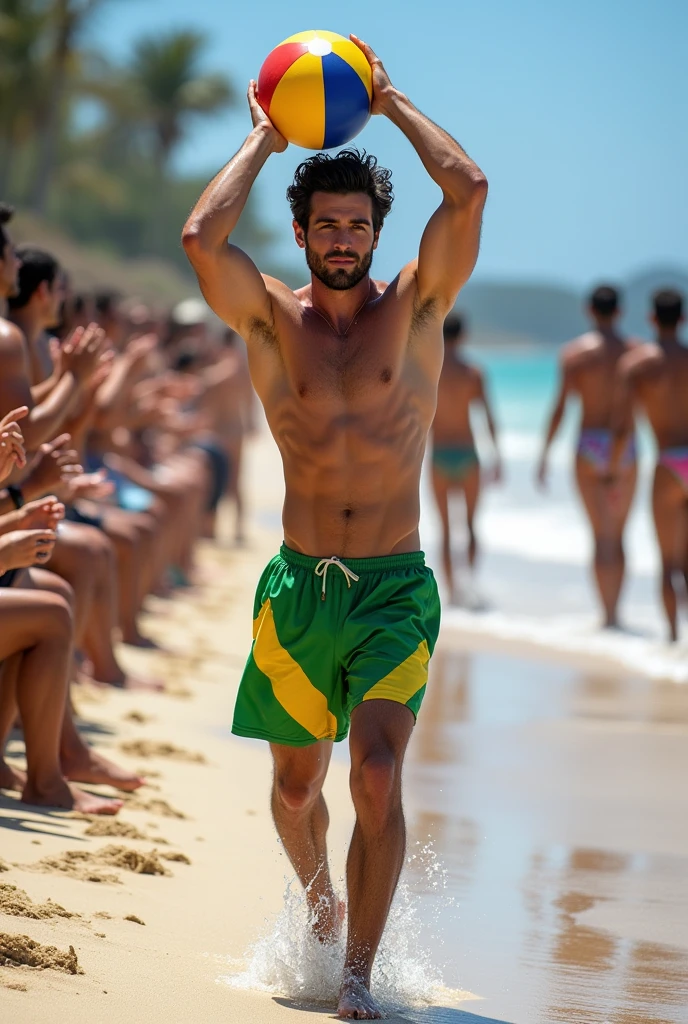 A handsome 27-year-old tall white young man in a men's fashion show on the beach shore wearing a green, yellow and blue Brazilian swimsuit with a beach ball in his hand. Many people applaud him and bubbles are around him. Tight boxer shorts in the colors of the Brazilian flag. Unshaved, white, tall with black hair flaquito 